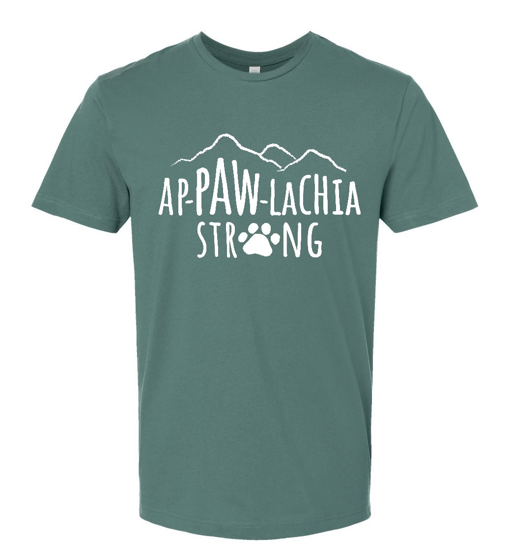 Basil green crewneck T-shirt with Ap-PAW-lachia STRONG mountain dog paw graphic