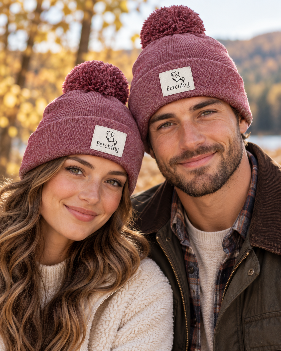 Two burgundy heather pom beanie hats with Fetching logo patches on wearers