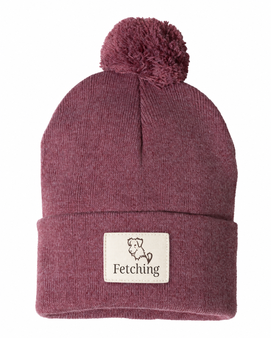 Burgundy heather pom beanie hat with knit cuff and Fetching logo patch