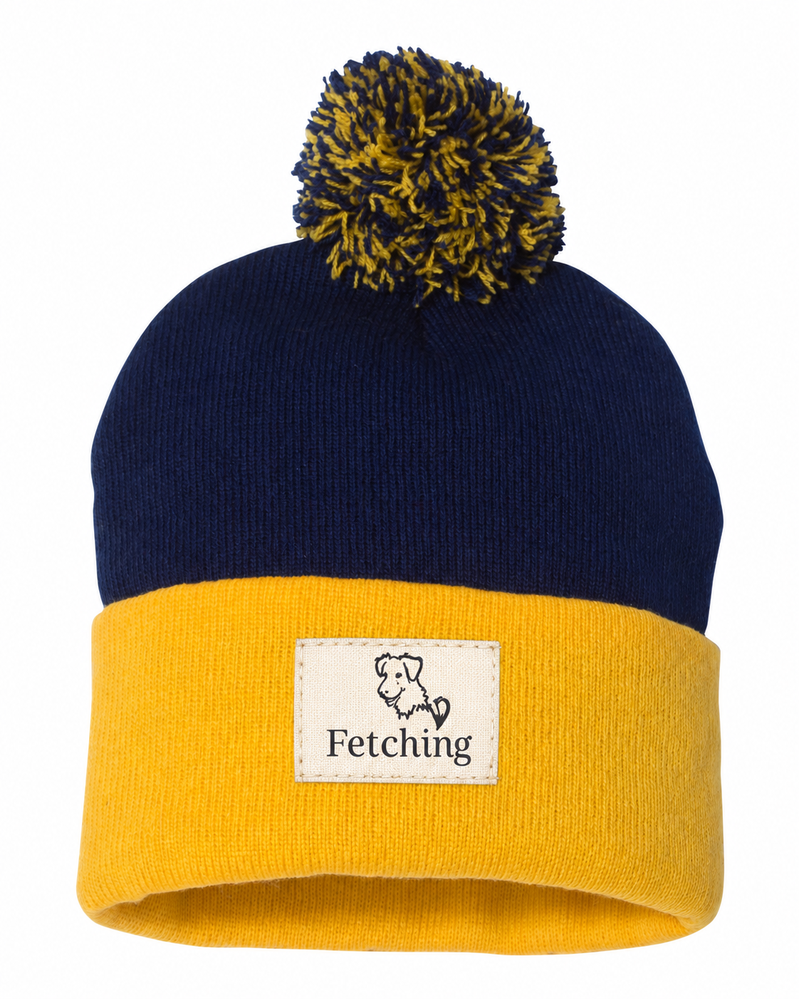 Navy and gold knit beanie with ribbed cuff, pom-pom top, Fetching logo patch