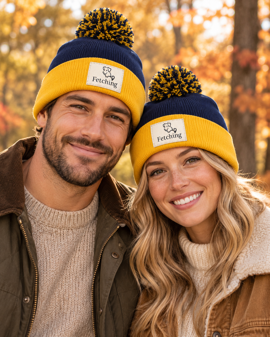 Navy and yellow pom beanie with ribbed cuff and Fetching logo patch