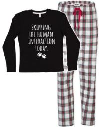 Red-and-white plaid pajama pants with elastic waistband and drawstring