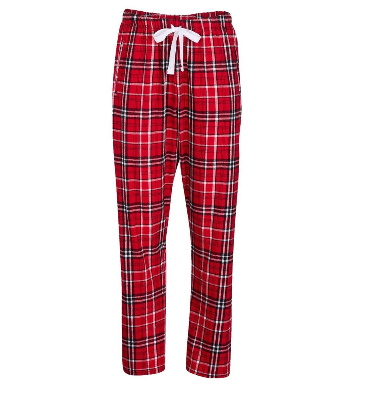 Red plaid pajama pants with elastic waistband and white drawstring ties