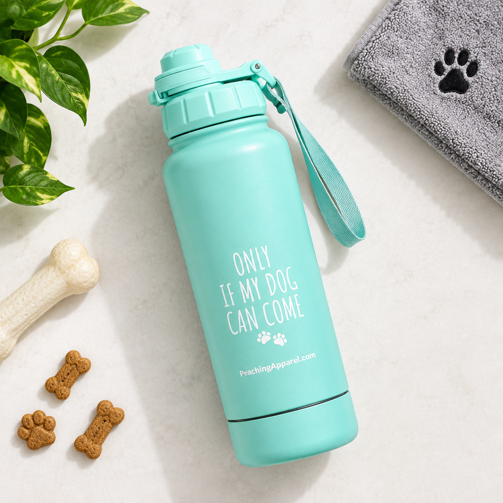 Teal stainless steel water bottle with wrist strap and printed paw message