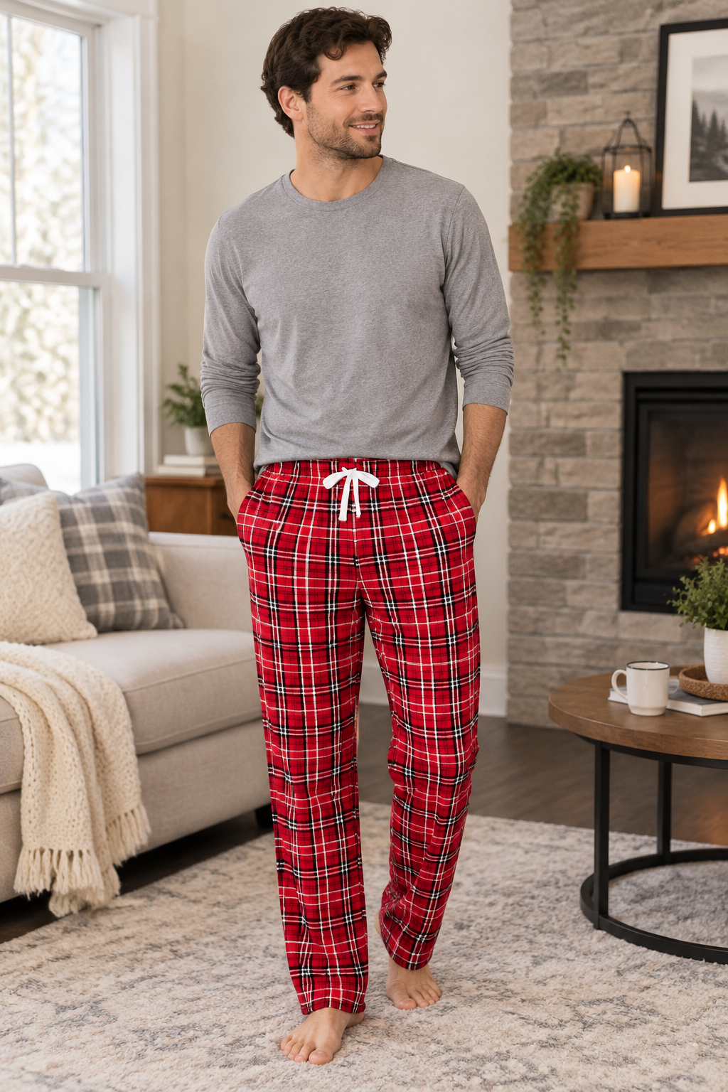 Red plaid pajama pants with white drawstring tie and ankle-length legs