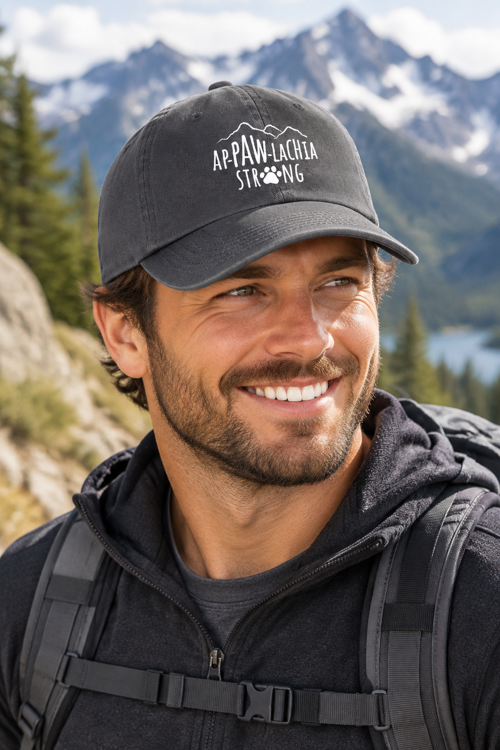 Appawlachia Strong Hat in charcoal gray with embroidered APPAW-LACHIA STRONG logo