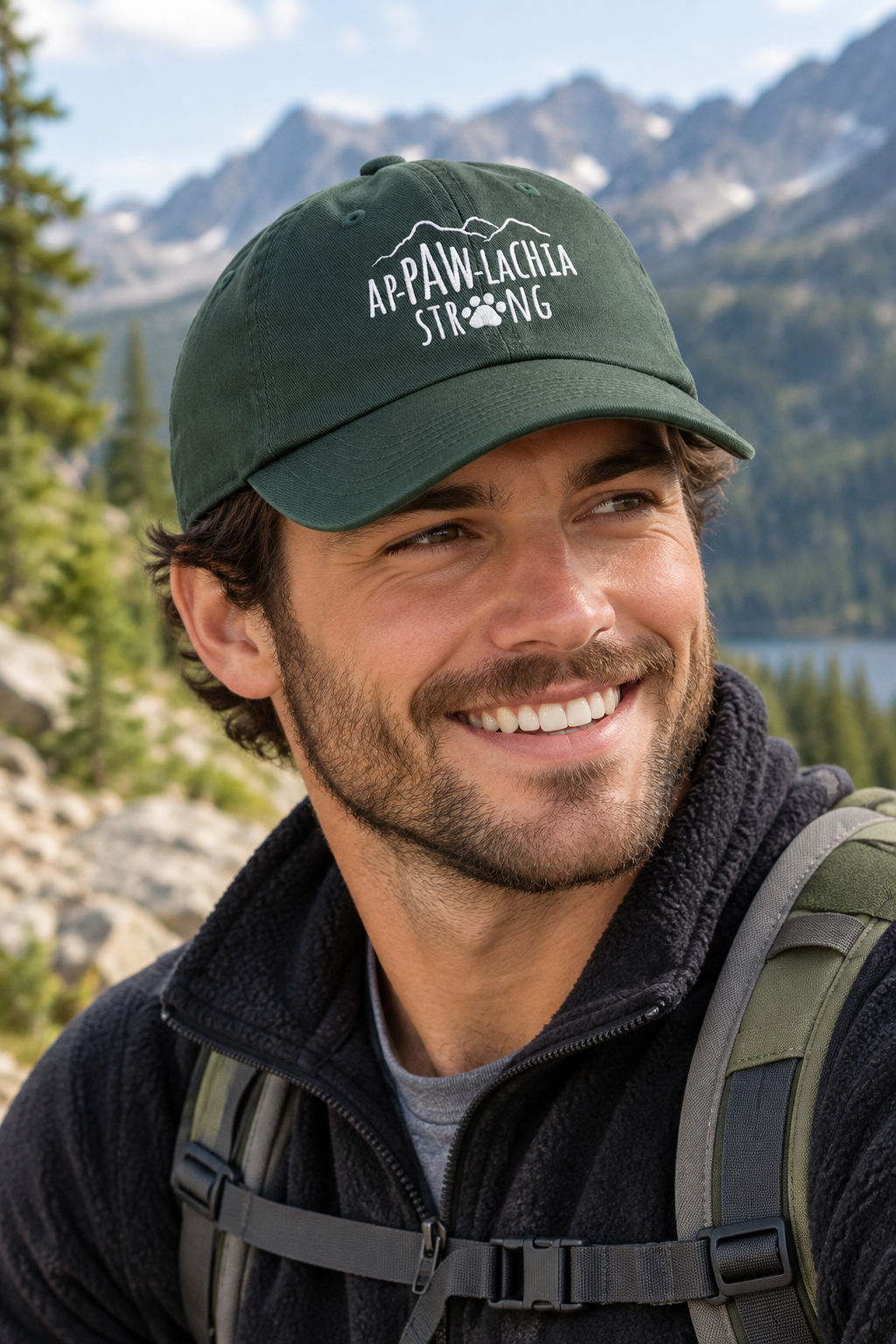Appawlachia Strong Hat in forest green with embroidered APPAW-LACHIA STRONG logo