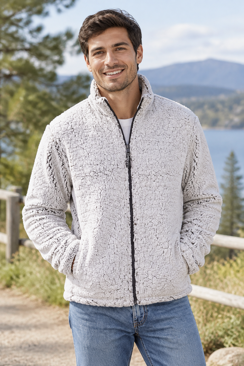 Light gray full-zip fleece jacket with zip-up front and stand collar