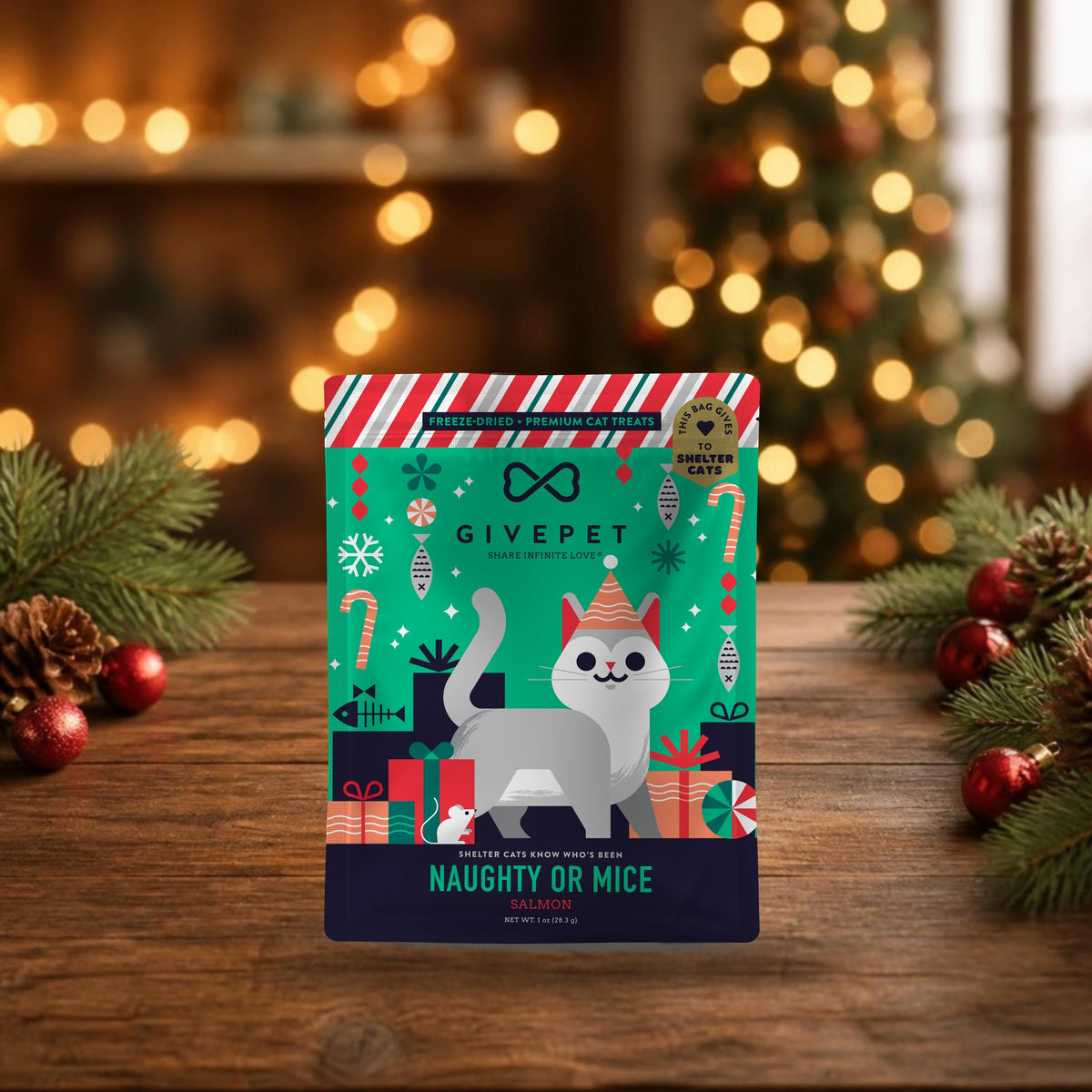 Naughty or Mice freeze-dried wild-caught salmon cat treats, 1 oz holiday bag on a festive wooden table