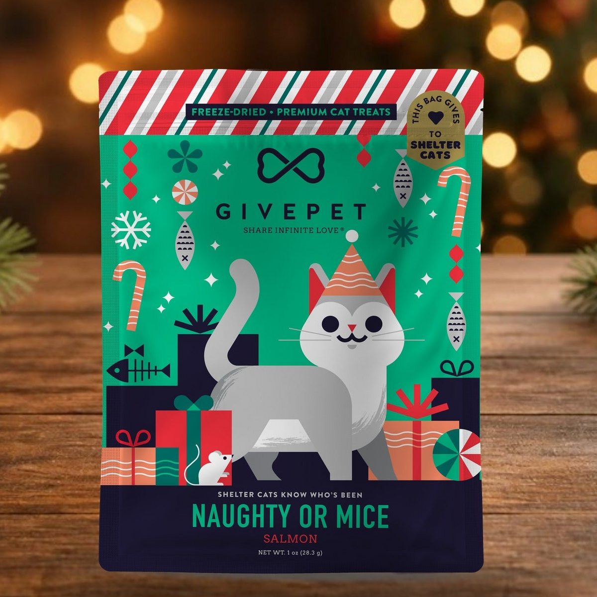 GivePet freeze-dried salmon cat treats in a green holiday bag, 1 oz