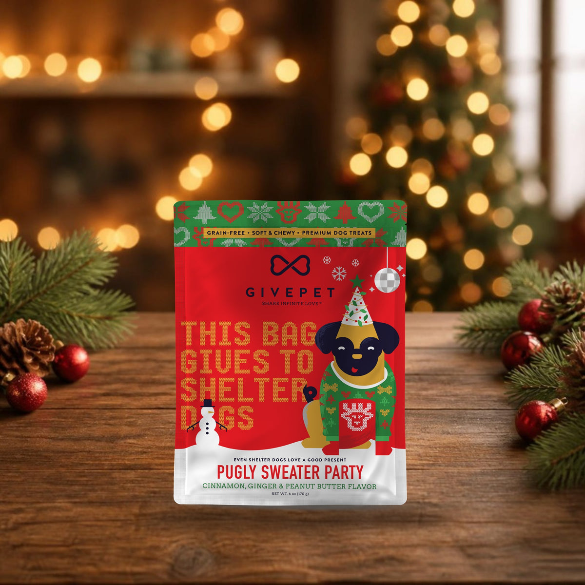 Pugly Sweater Party soft and chewy training dog treats, 6 oz holiday bag on a festive wooden table