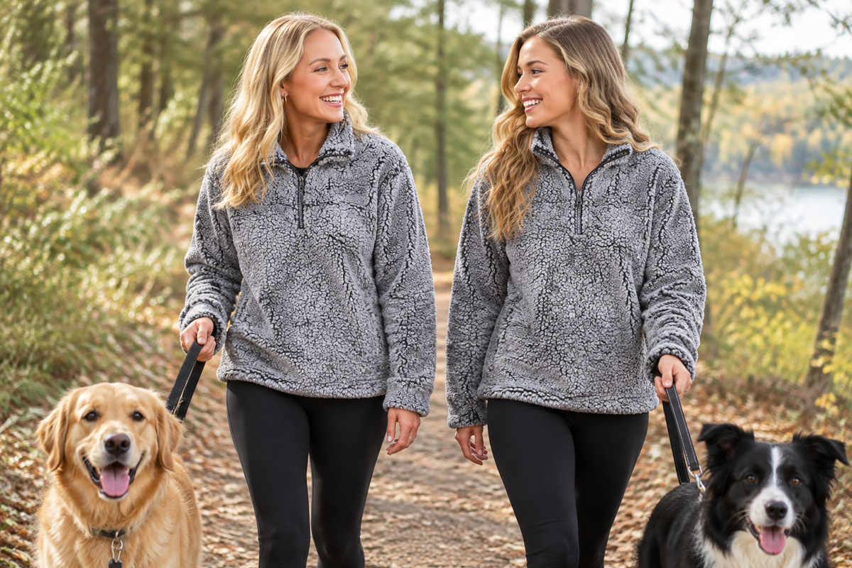Gray quarter-zip fleece jacket with half zip and textured knit finish