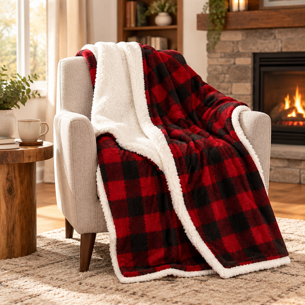 Sherpa fleece throw blanket with red and black buffalo plaid, cream sherpa border