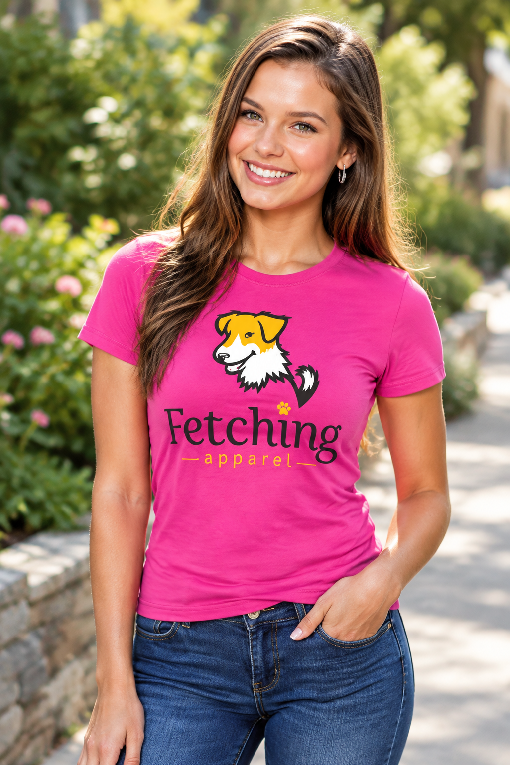 Pink fitted t-shirt with dog graphic and 'Fetching apparel' text, short sleeves