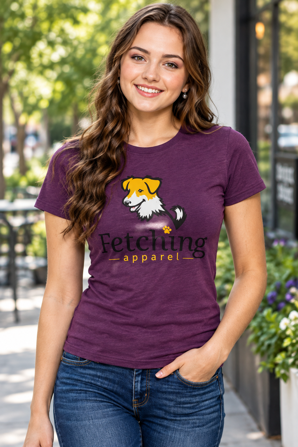 Plum fitted t-shirt with dog graphic and 'Fetching apparel' text, short sleeves