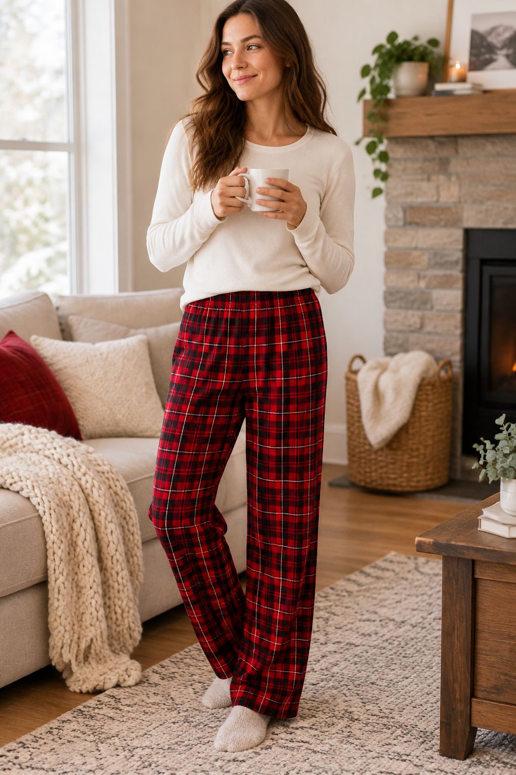 Red plaid pajama pants with drawstring waist and long straight legs