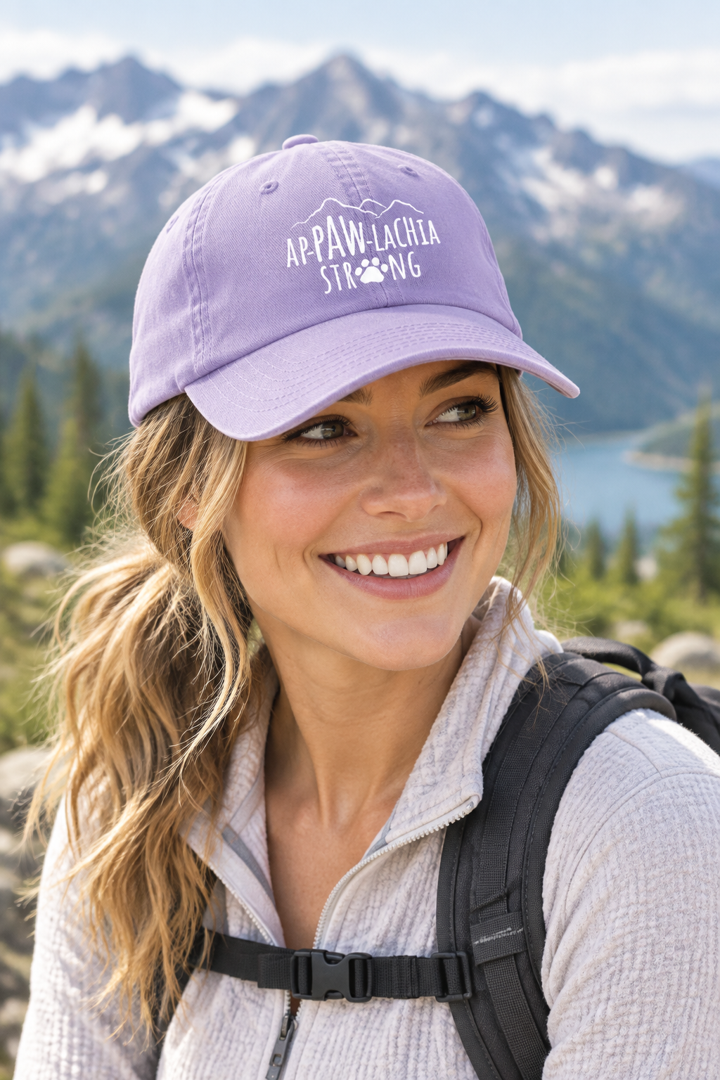 Appawlachia Strong Hat in lavender with embroidered APPAW-LACHIA STRONG logo