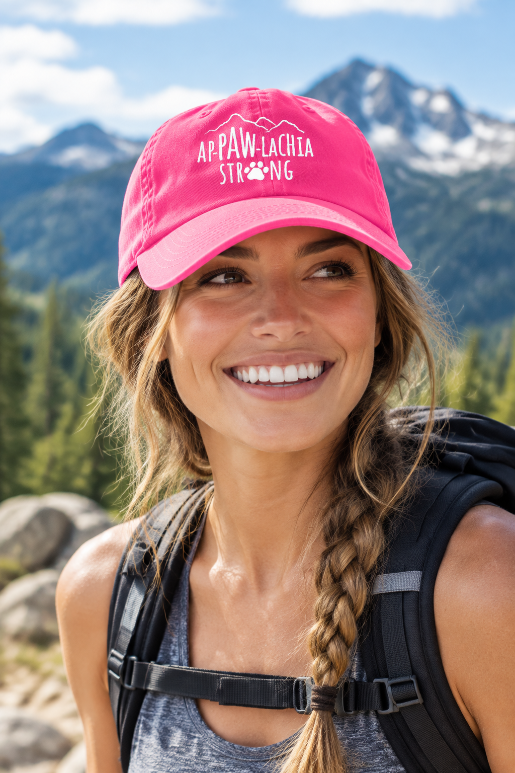 Appawlachia Strong Hat in bright pink with embroidered APPAW-LACHIA STRONG logo