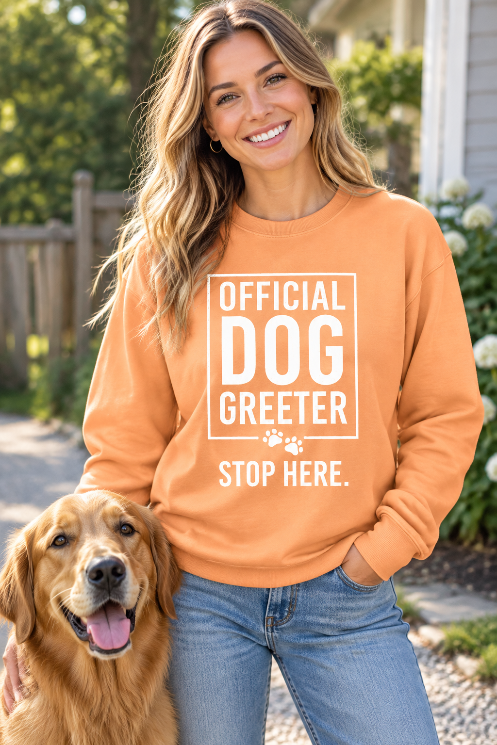 Cantaloupe dog greeter sweatshirt with white OFFICIAL DOG GREETER STOP HERE print