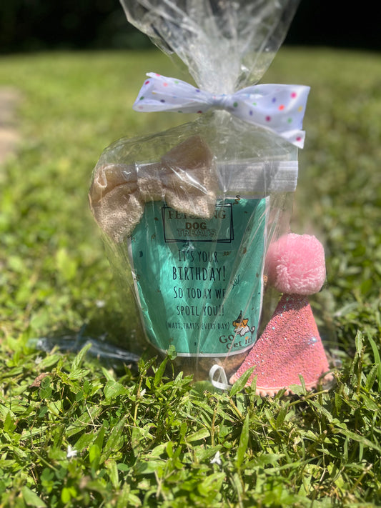 Peanut butter/blueberry 8oz birthday treats with pet party hat & bowtie