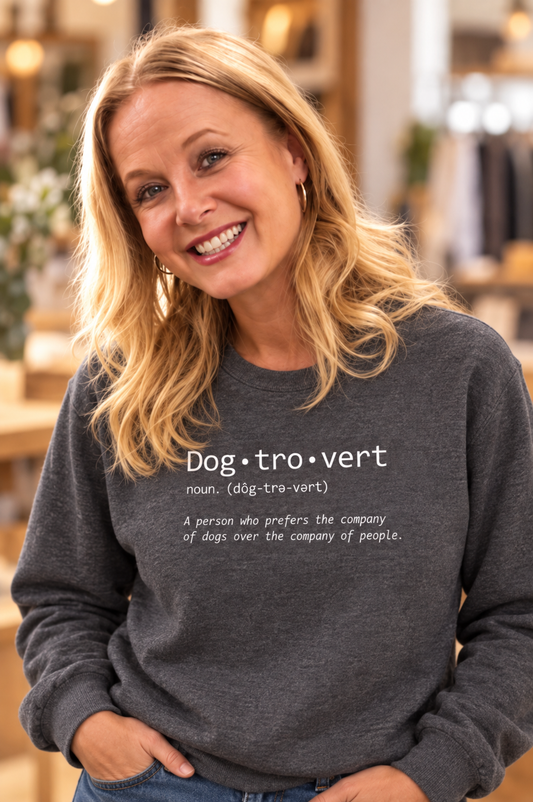 Dark gray Dogtrovert sweatshirt with crew neck and front text graphic