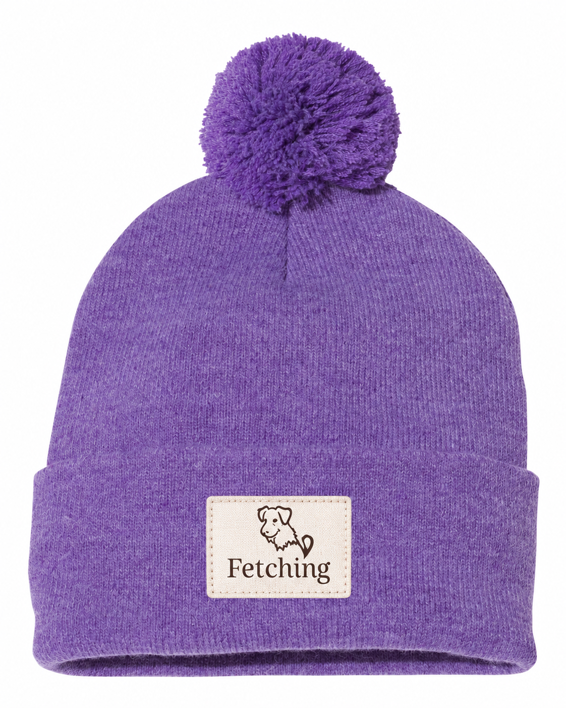 Heather purple knit beanie with ribbed cuff, pom-pom top, Fetching logo patch
