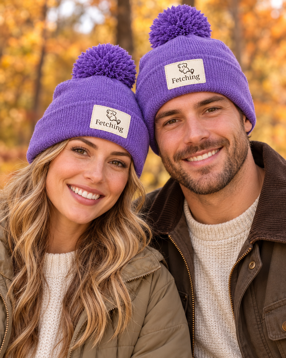 Purple pom beanie with ribbed cuff and Fetching logo patch