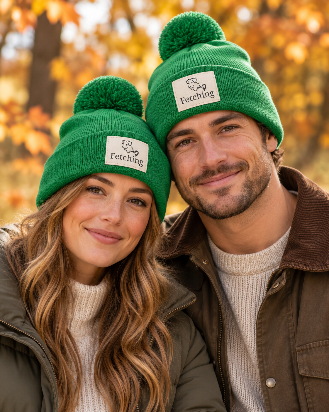 Green pom beanie with ribbed cuff and Fetching logo patch