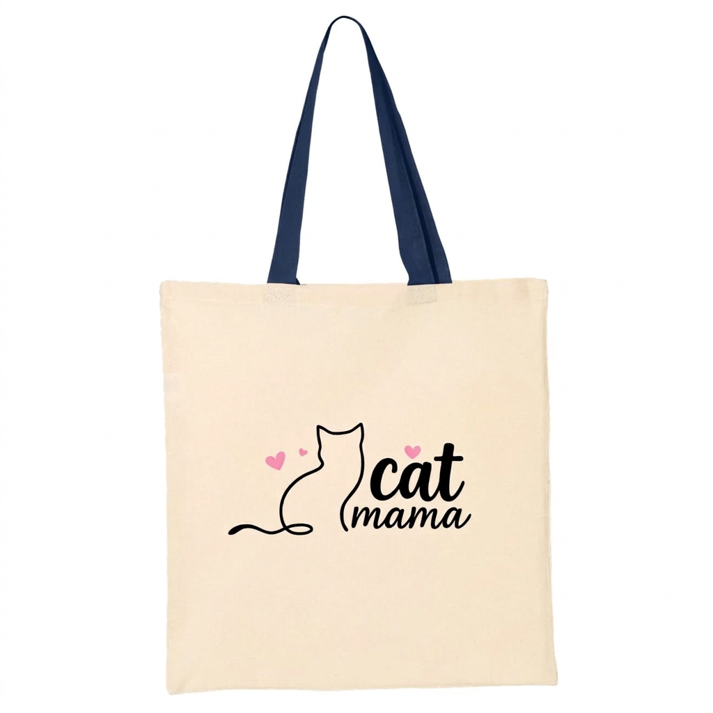 Cat Mama tote with Navy handles