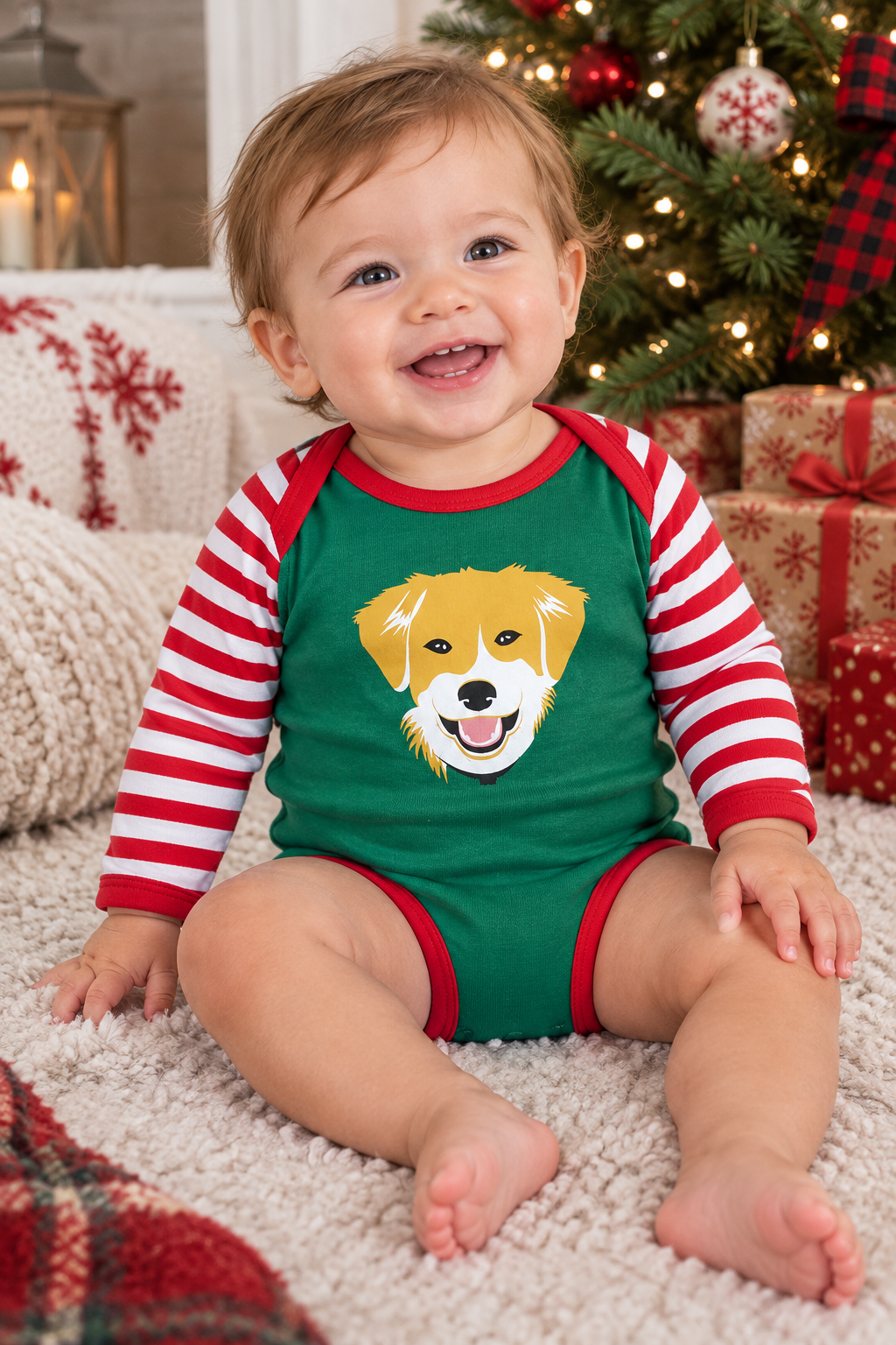 Green baby onesie with red-and-white striped sleeves and yellow dog graphic