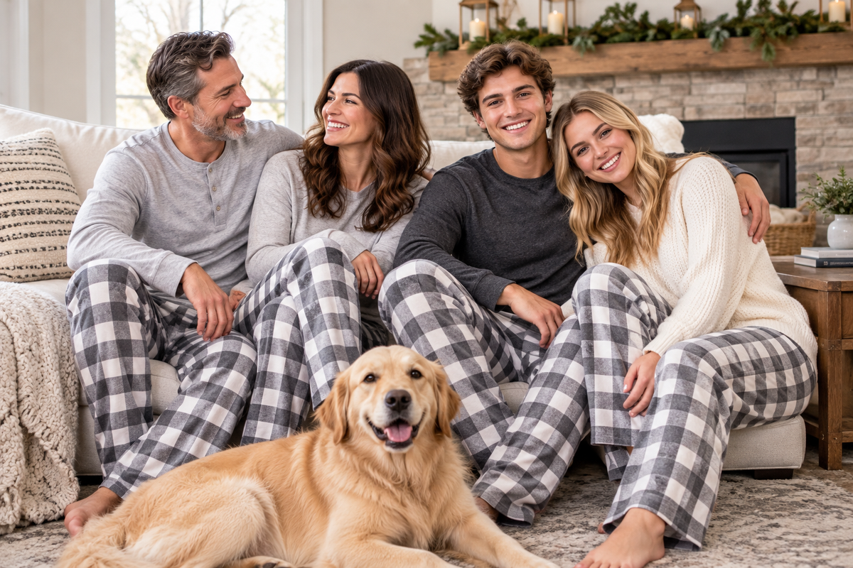 Plaid pajama pants in gray, white, and black with an elastic waistband