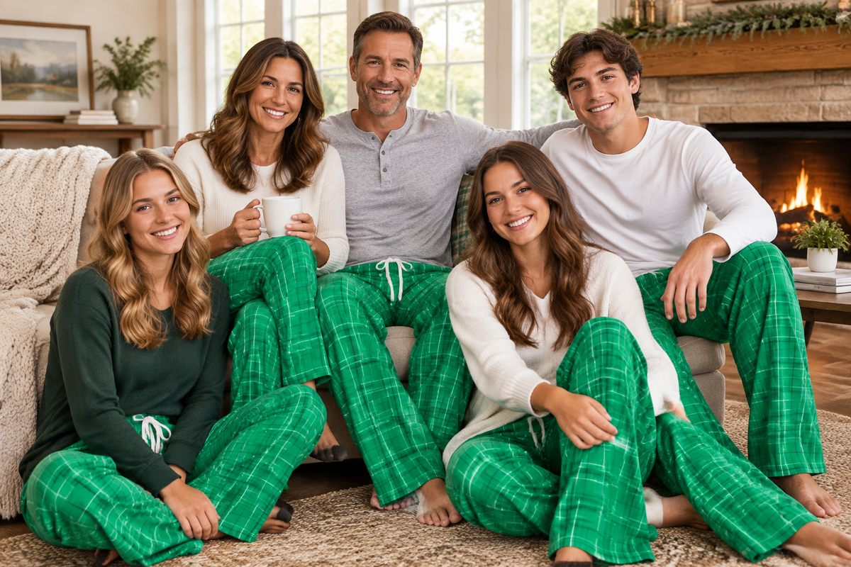 Green plaid pajama pants with white drawstring waist