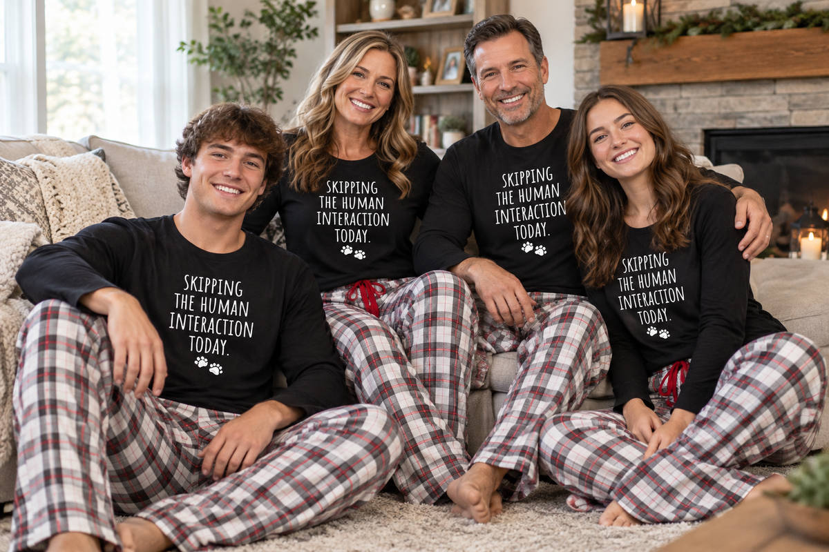 Plaid pajama pants in red, white, and gray with drawstring waist