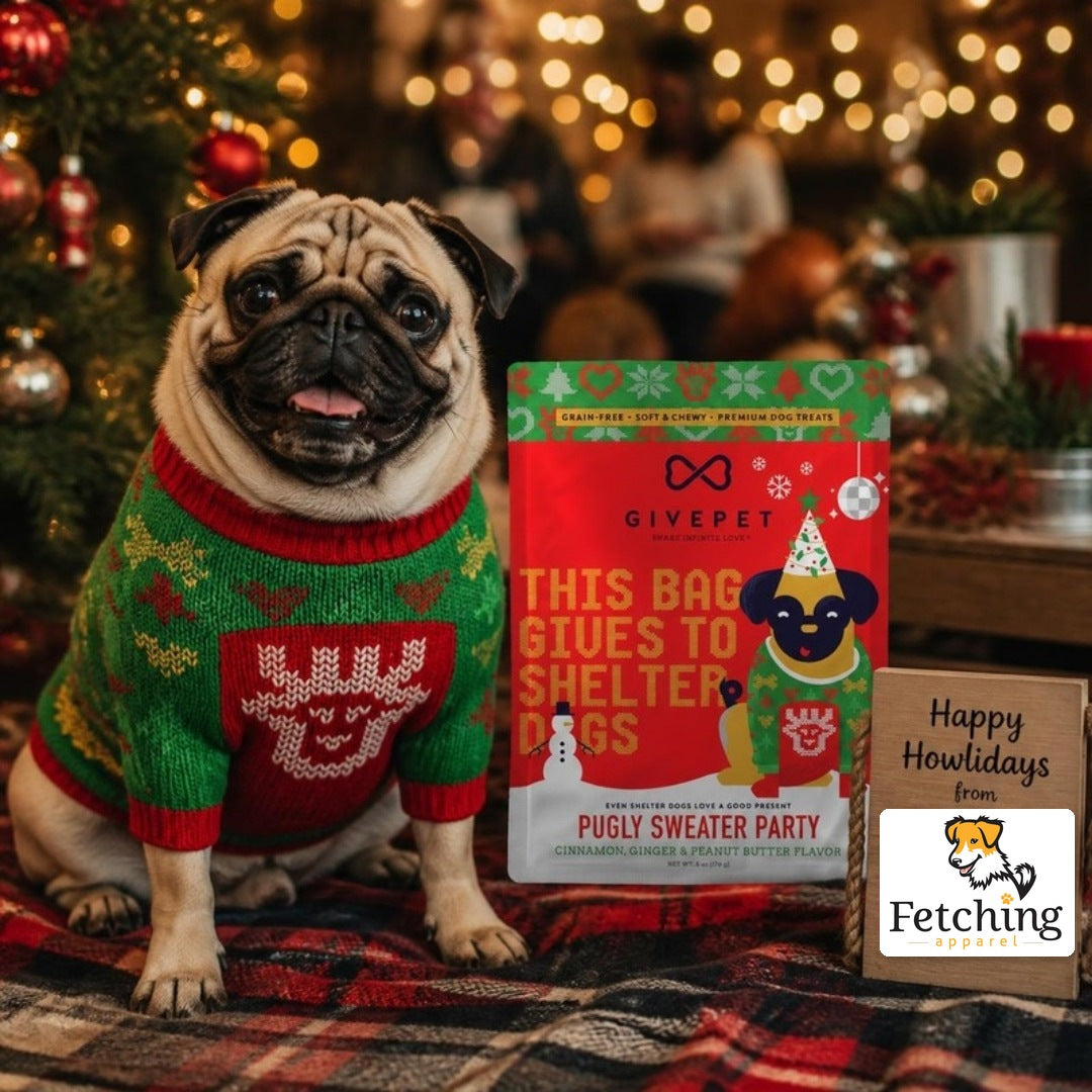 Pug in an ugly Christmas sweater with a bag of Pugly Sweater Party soft dog treats and a Happy Howlidays sign with the Fetching Apparel logo