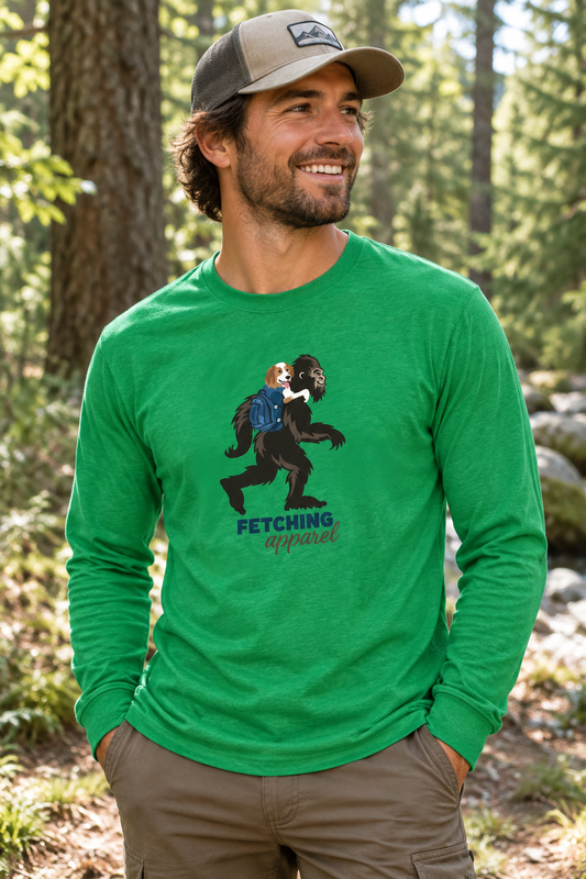 Green long-sleeve crewneck tee with front Bigfoot-style graphic