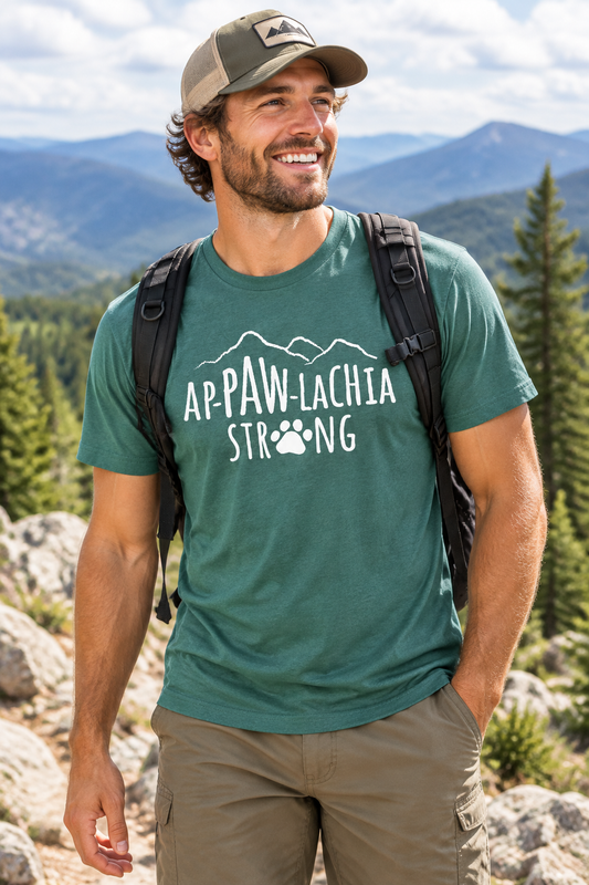Green graphic crew-neck T-shirt with mountain-and-paw 'AP-PAW-LACHIA STRONG' print.