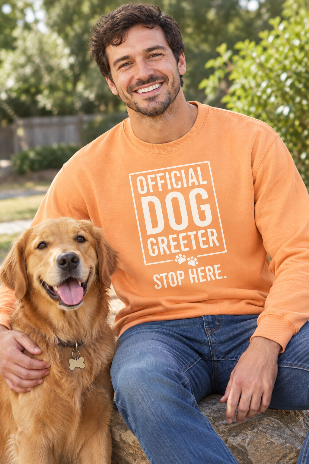 Orange dog greeter sweatshirt with white OFFICIAL DOG GREETER STOP HERE print