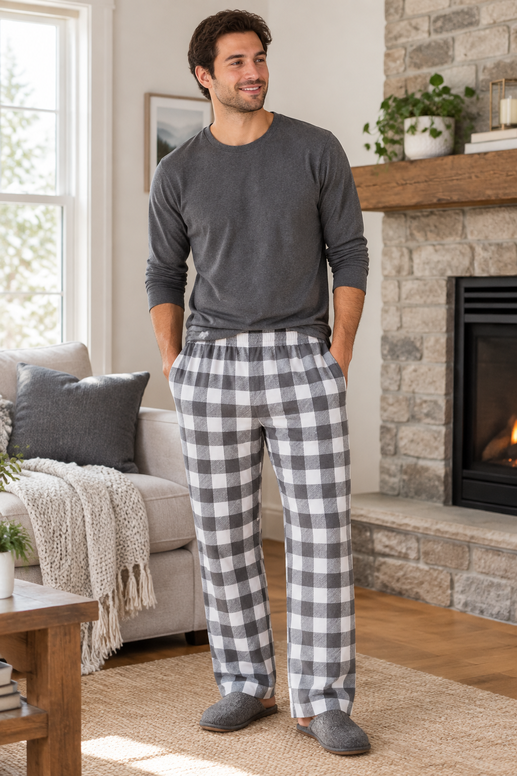 Gray and white check plaid pajama pants with drawstring waist