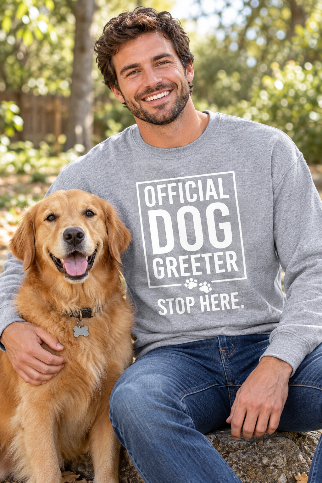 Heather gray dog greeter sweatshirt with white OFFICIAL DOG GREETER STOP HERE print