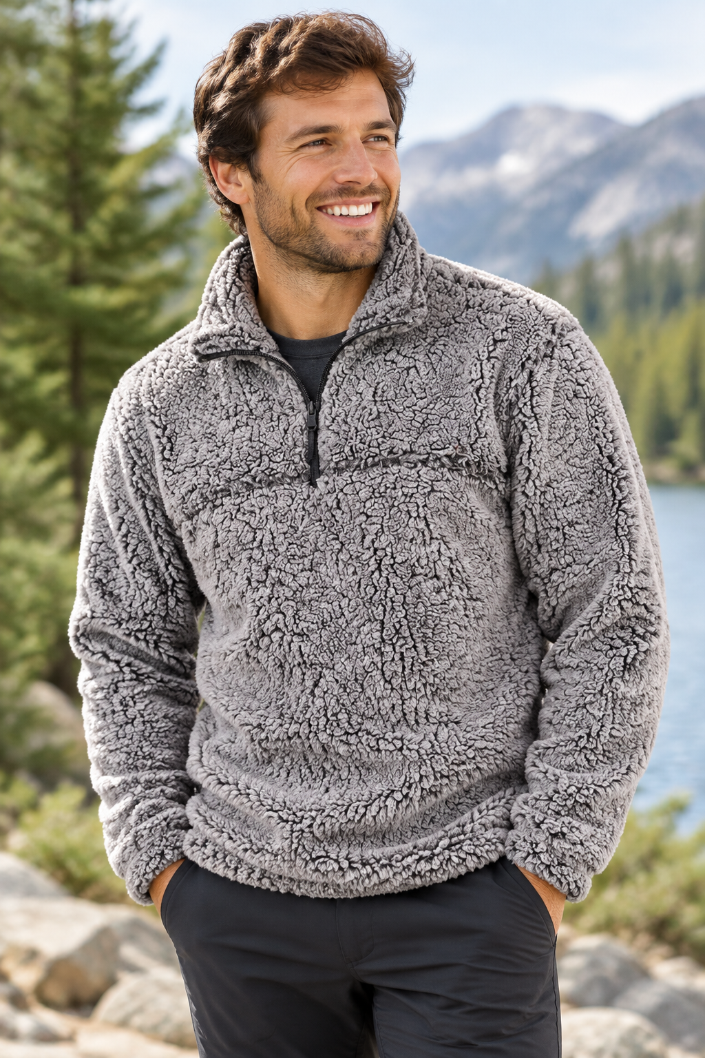 Gray quarter-zip fleece pullover with half zipper