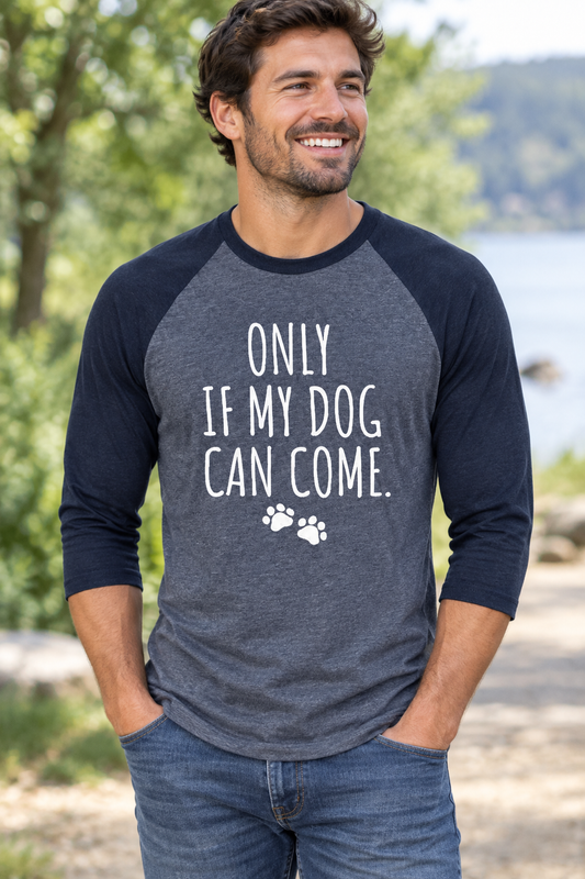 Baseball tee with heather gray body, navy raglan sleeves, dog paw text front