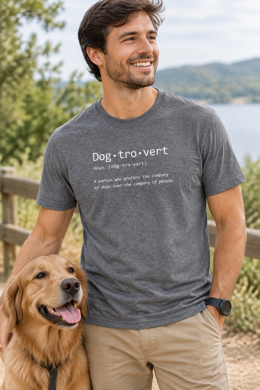 Men's gray Dogtrovert tee with 'Dog·tro·vert' graphic text on the chest