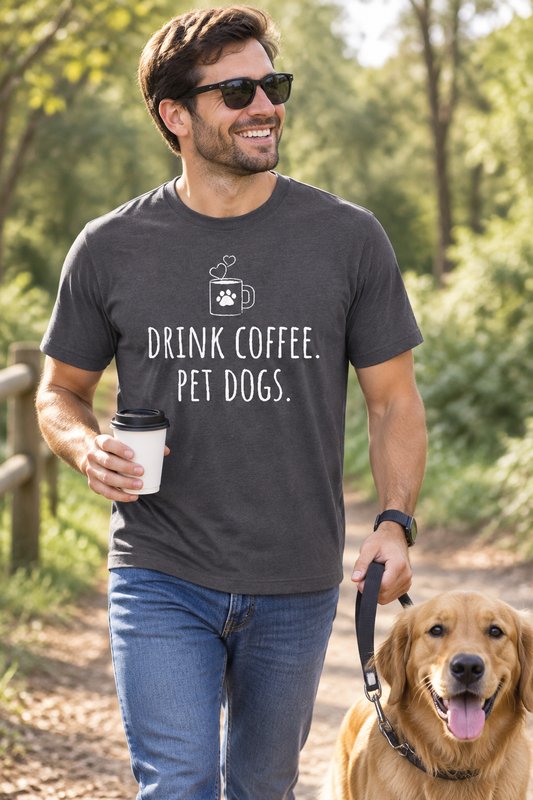 Dark gray crewneck tee with “Drink Coffee, Pet Dogs” graphic and icons