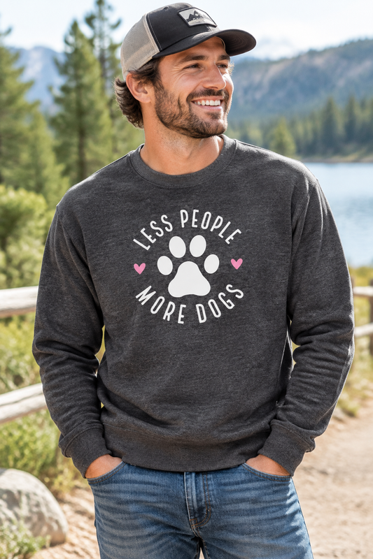 Dark gray sweatshirt with Less People More Dogs paw-heart graphic