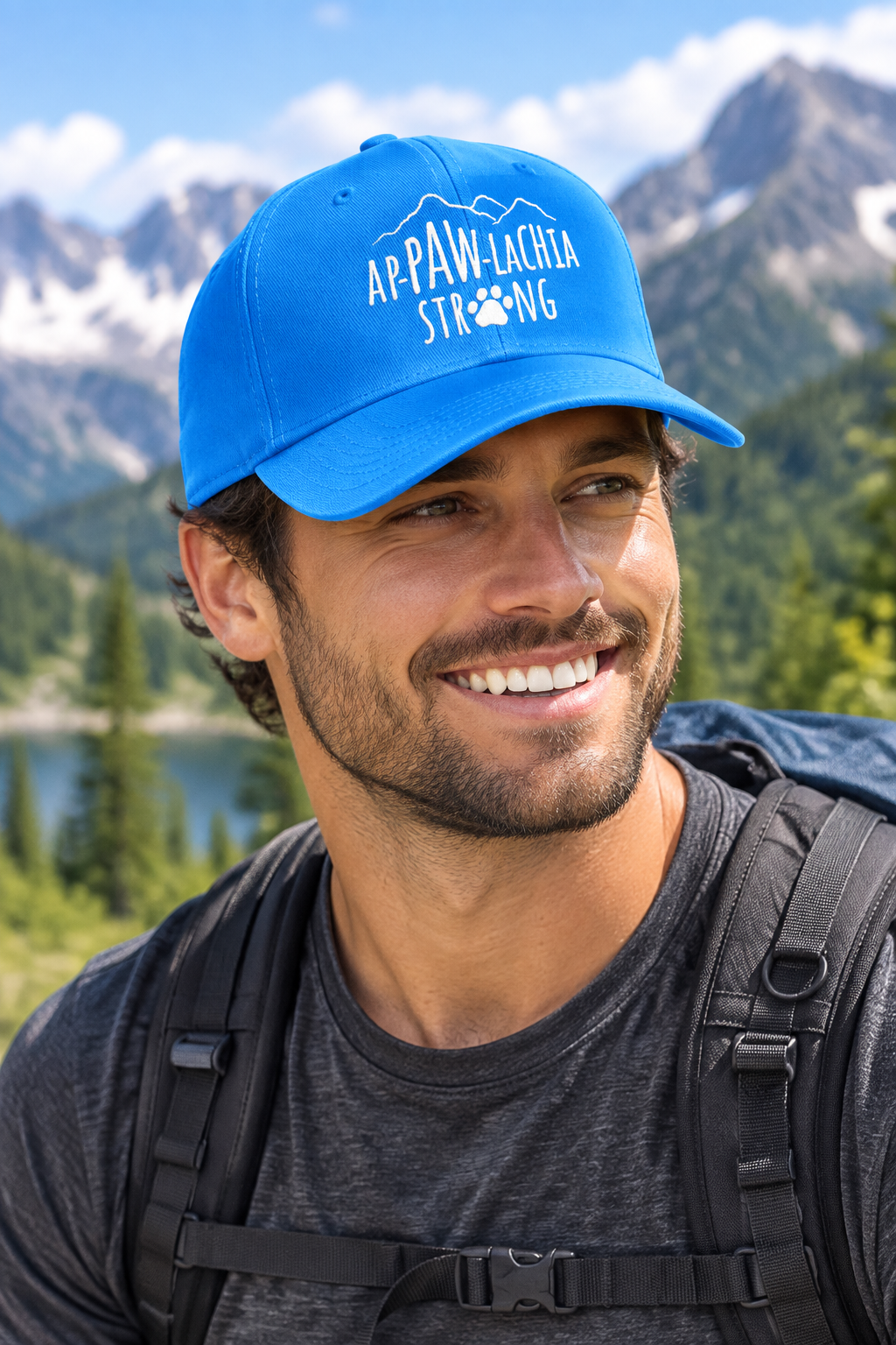 Appawlachia Strong Hat in bright blue with embroidered APPAW-LACHIA STRONG logo