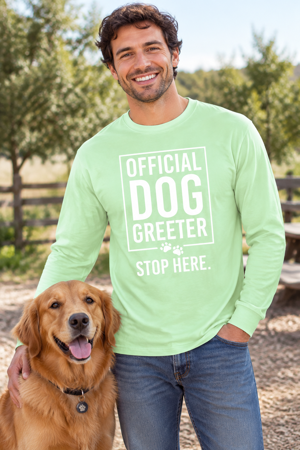 Light green long-sleeve T-shirt with 'OFFICIAL DOG GREETER' and 'STOP HERE'.