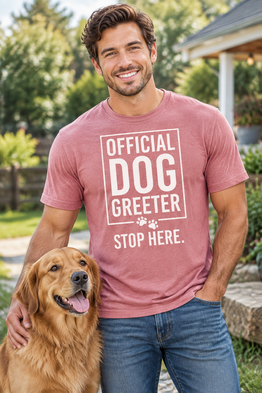 Pink T-shirt with 'OFFICIAL DOG GREETER' graphic and 'STOP HERE.' text on front