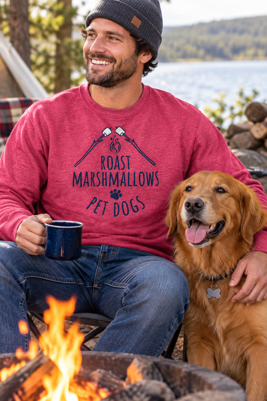 Maroon sweatshirt with roast marshmallows and pet dogs graphic, crew neck
