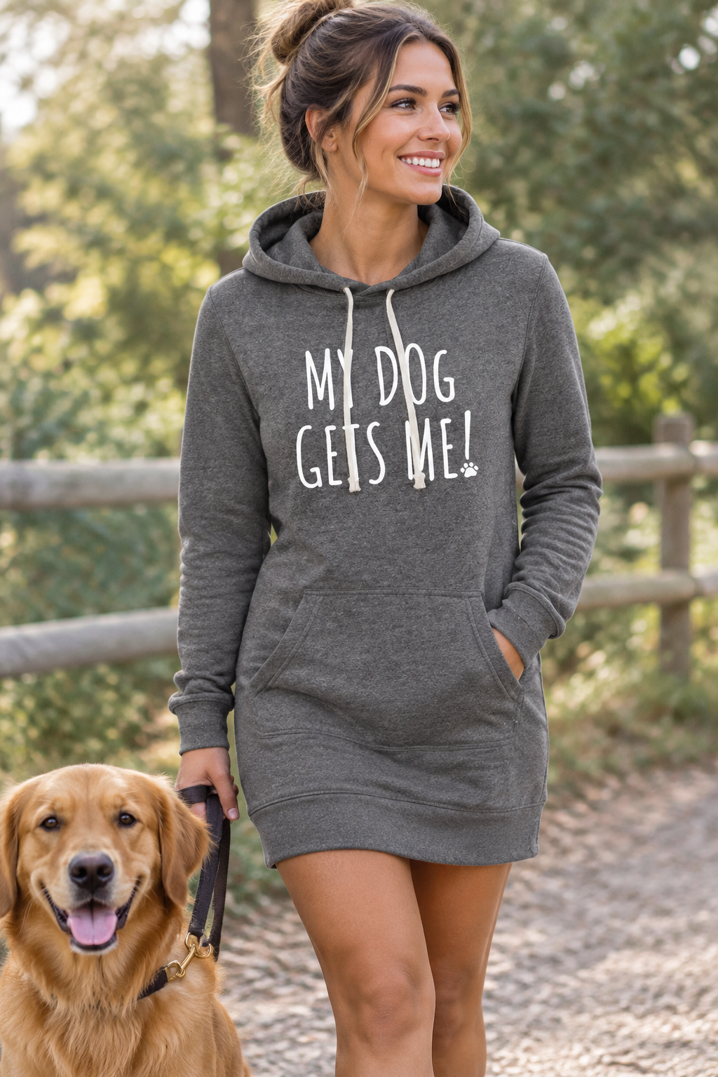 Gray hoodie dress with kangaroo pocket, drawstring hood, front 'My Dog Gets Me!' graphic