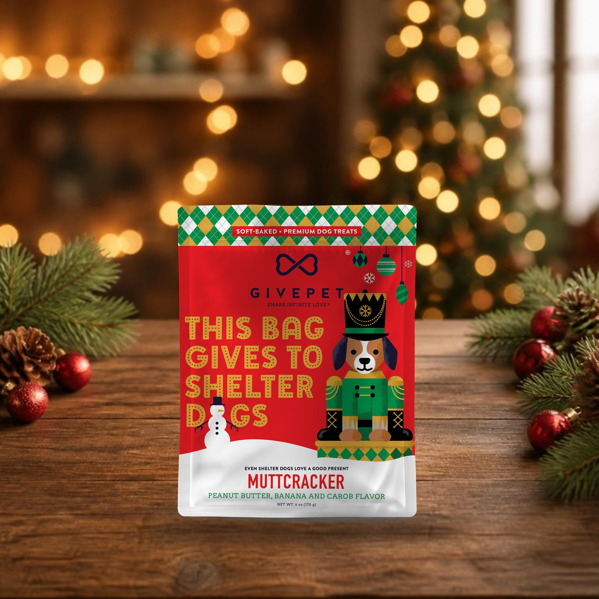 Muttcracker peanut butter, banana and carob soft-baked dog treats, 6 oz holiday bag on a festive wooden table